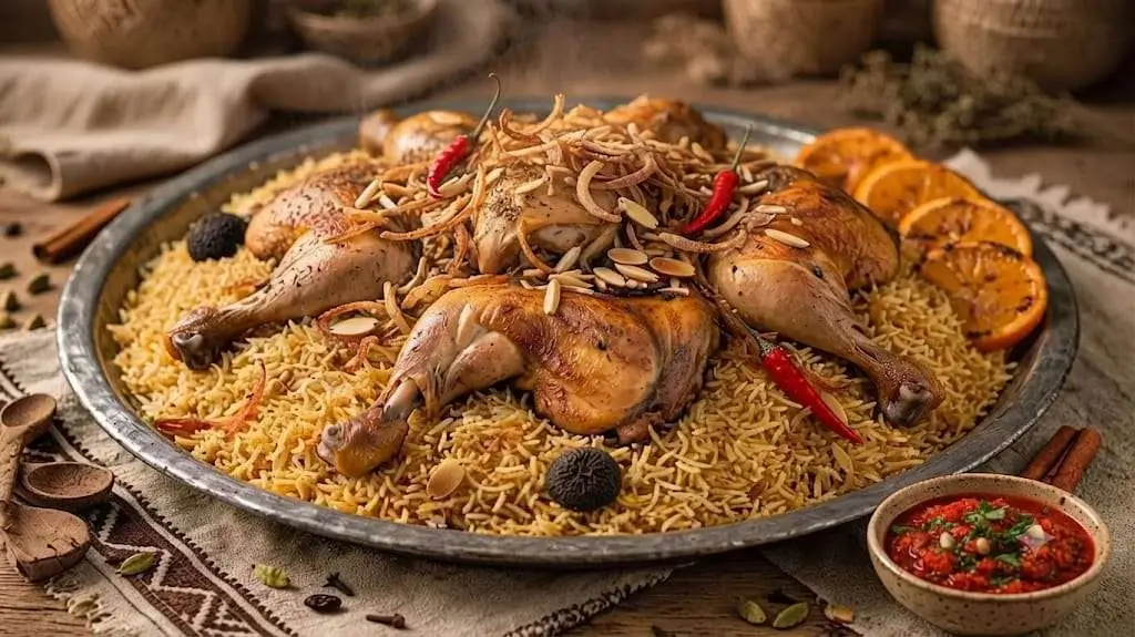 كبسة دجاج بنكهة البرتقال مع الأرز والمكسرات