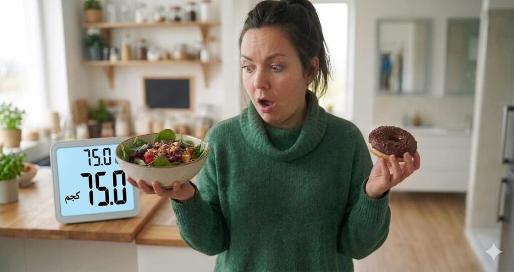 A woman looking at a scale with healthy food and sweets, representing weight plateau and insulin resistance