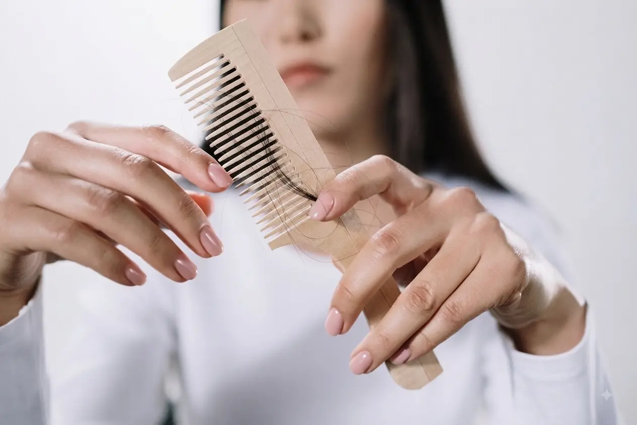 Woman holding a wooden comb for hair care